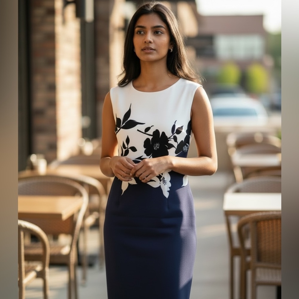 Connected Apparel Navy and White Floral Midi Dress